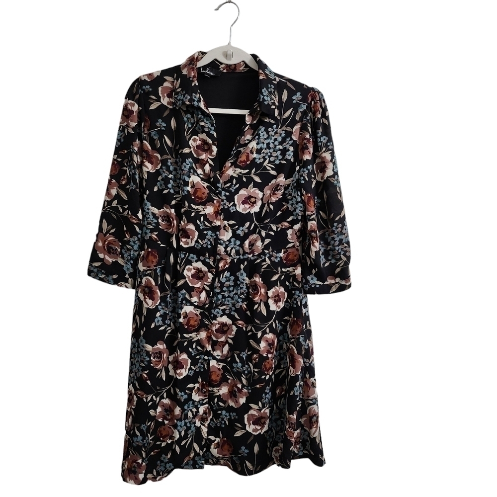 Lulus Such a Beauty‎ Dress Medium Black Floral Button-Up Collar Button Front - Picture 2 of 12